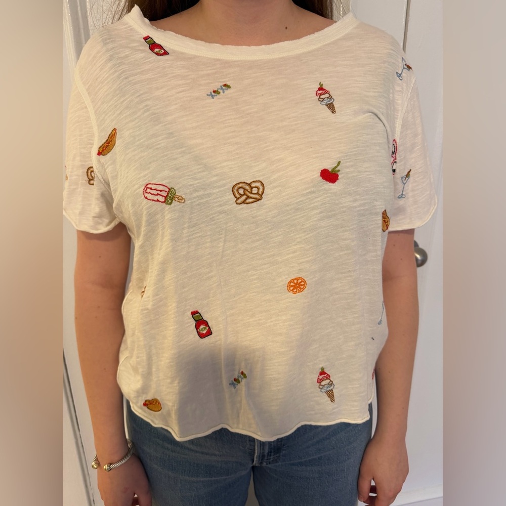 Anthropologie Maeve White Tee with Colorful Embroidery